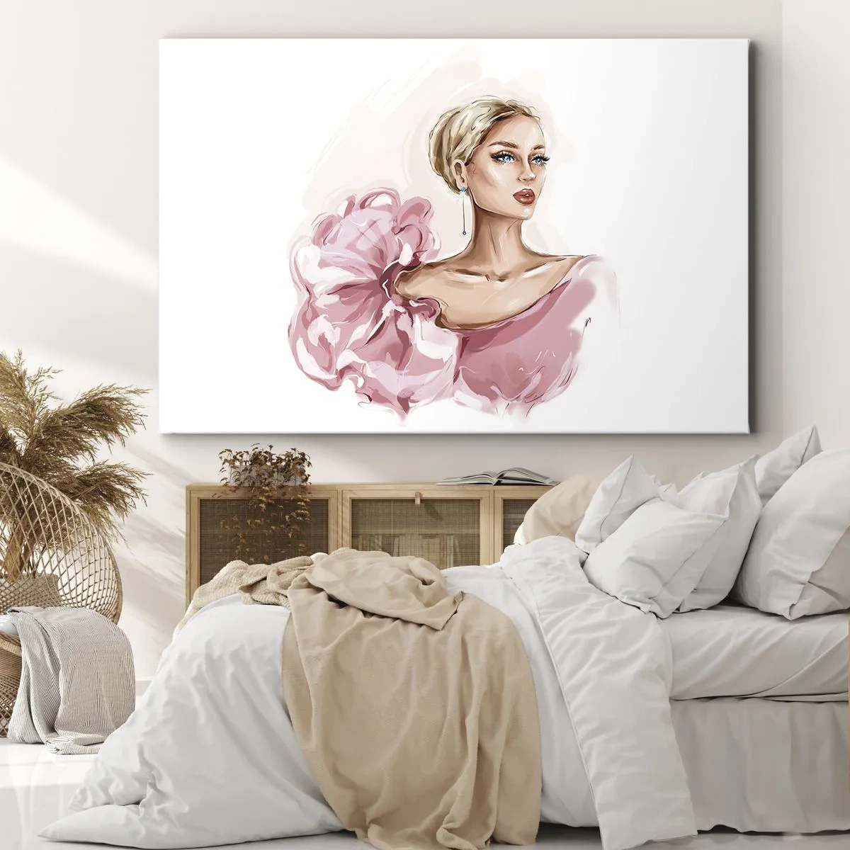 Canvastavla - Bild på duk - Porträtt av en kvinna i en rosa klänning mot en ljus bakgrund - 70x50cm - Som målad... - Modern väggdekoration för vardagsrum och sovrum ARTTOR
