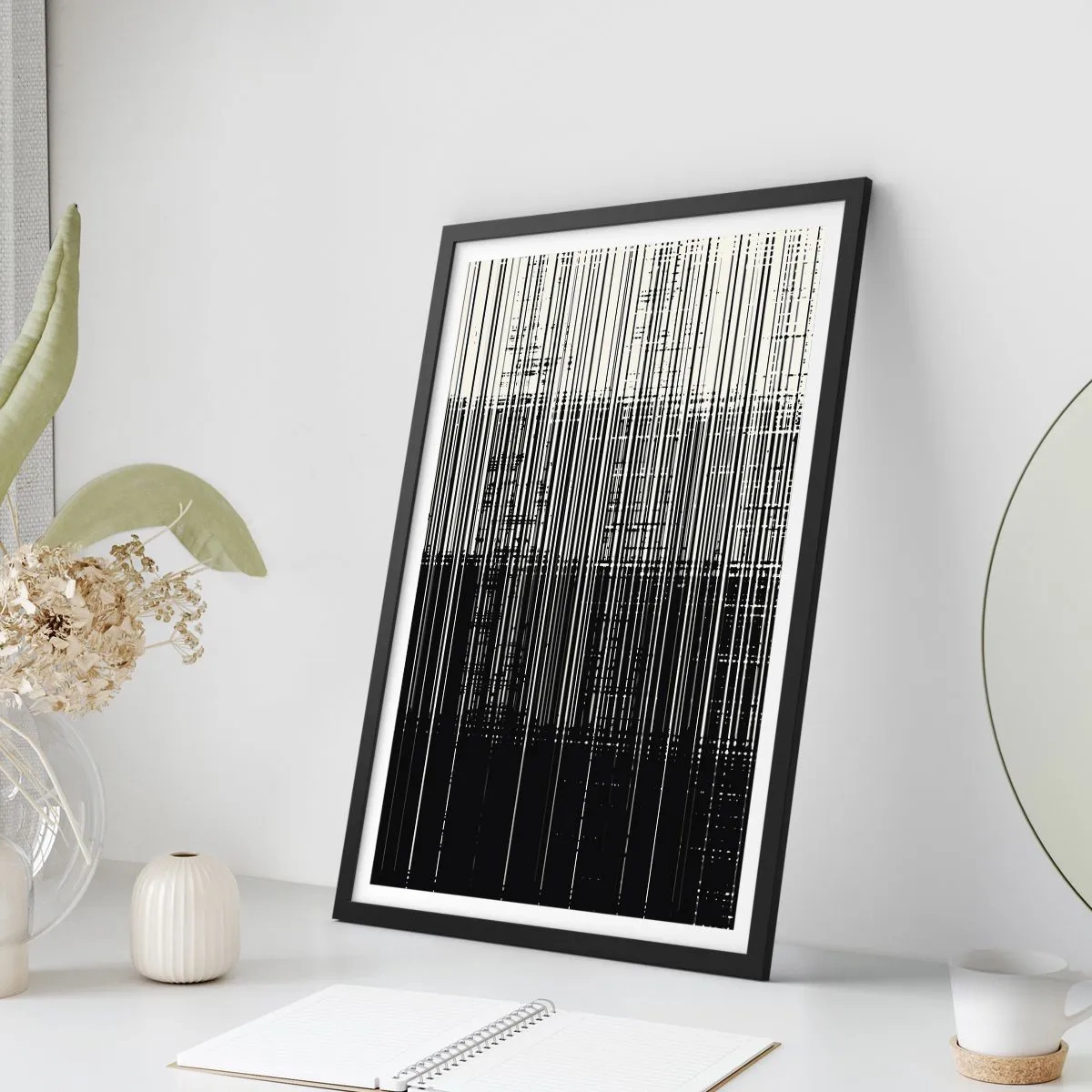 Affisch i svart ram - Abstrakt komposition av svarta linjer på en vit bakgrund - 50x70cm - Vågor och vibrationer - Modern väggdekoration för vardagsrum och sovrum ARTTOR