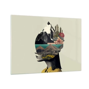 Glastavla - Bild på glas - Silhuett av en kvinna med ett bergslandskap och flora i huvudet - 70x50cm - Kvinnan - alltid ett mysterium - Modern väggdekoration för vardagsrum och sovrum ARTTOR