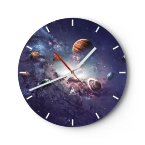Väggklocka - Klocka på glas - Färgglada planeter som svävar i en kosmisk nebulosa - 30x30cm - Sol- och danssystem - Modern väggdekoration för vardagsrum, kök och sovrum ARTTOR