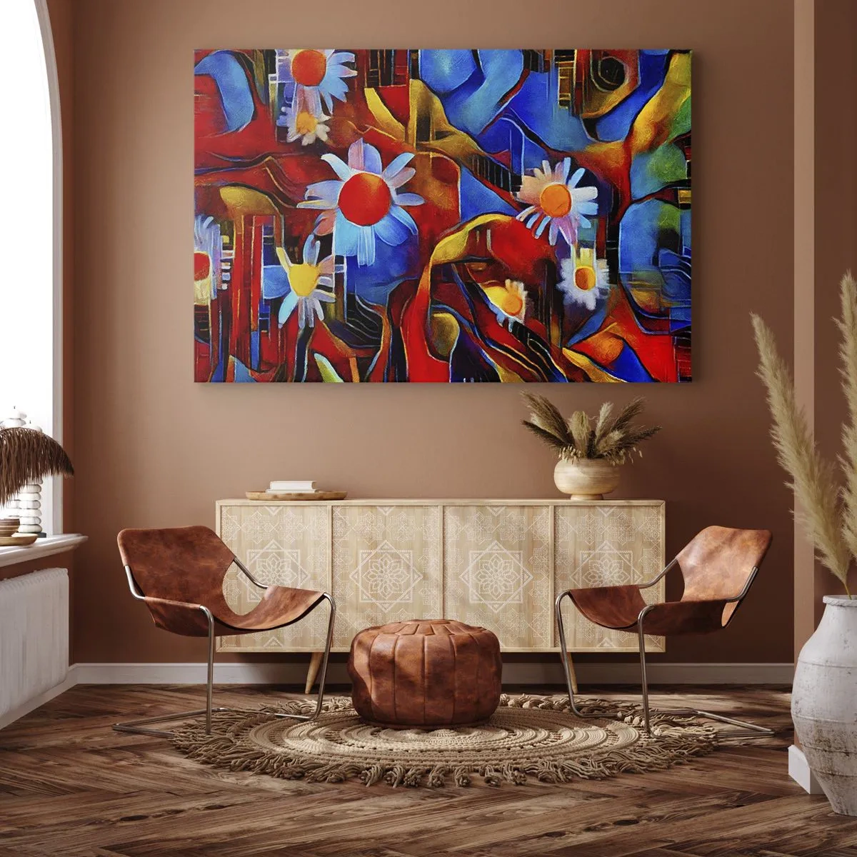 Canvastavla - Bild på duk - Abstrakta blommor mot en bakgrund av geometriska mönster - 70x50cm - Livets färger - Modern väggdekoration för vardagsrum och sovrum ARTTOR