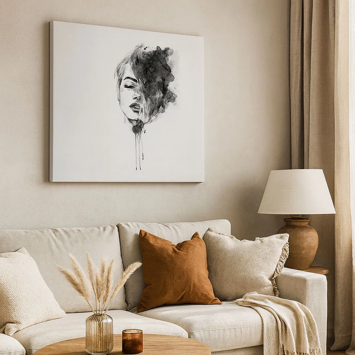 Canvastavla - Bild på duk - Konstnärligt porträtt av en kvinna i akvarellteknik med abstrakta detaljer - 70x50cm - Vad flickan drömmer om - Modern väggdekoration för vardagsrum och sovrum ARTTOR