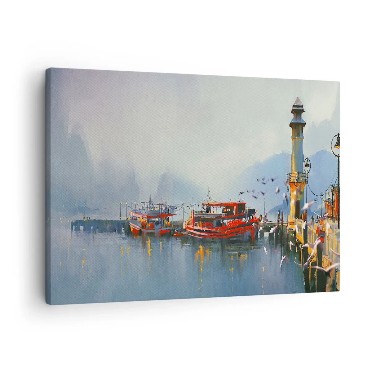 Canvastavla - Bild på duk - En hamn med röda båtar omgivna av ett dimmigt landskap - 70x50cm - Världens ände - Modern väggdekoration för vardagsrum och sovrum ARTTOR