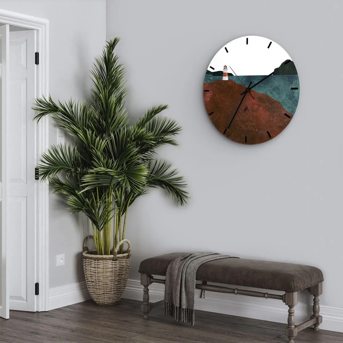 Väggklocka - Klocka på glas - En fyr på en kulle vid en lugn kust - 30x30cm - Med blicken riktad mot havet - Modern väggdekoration för vardagsrum, kök och sovrum ARTTOR