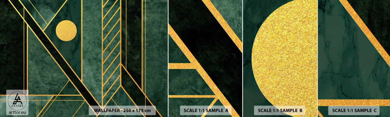 Fototapet Prov Standard Eco - Dynamik av guld och azurblå - Abstraktion, Bit, Geometriskt mönster - 100x30 cm
