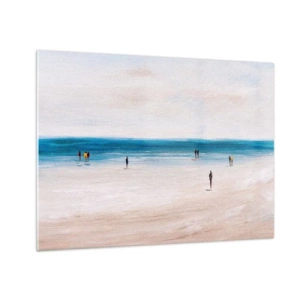 Glastavla - Bild på glas - En lugn strand med silhuetter av människor som går längs havslinjen - 70x50cm - Ett naturligt behov - Modern väggdekoration för vardagsrum och sovrum ARTTOR