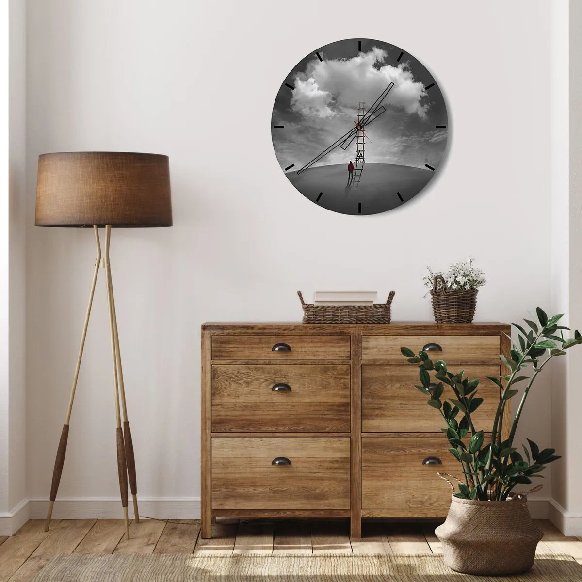 Väggklocka - Klocka på glas - En man som klättrar upp en stege till ett moln mot himlen - 30x30cm - Allt är möjligt - Modern väggdekoration för vardagsrum, kök och sovrum ARTTOR