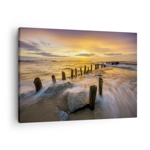 Canvastavla - Bild på duk - Solnedgång över havet med resterna av en gammal pir - 70x50cm - Östersjöns råa skönhet - Modern väggdekoration för vardagsrum och sovrum ARTTOR