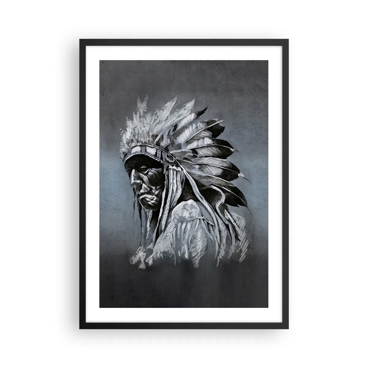 Affisch i svart ram - Porträtt av en indianhövding i en fjäderhuvudbonad mot en grå bakgrund - 50x70cm - Tillbaka till rötterna - Modern väggdekoration för vardagsrum och sovrum ARTTOR
