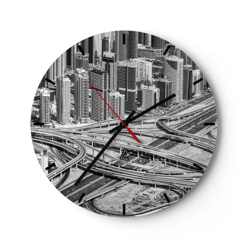 Väggklocka - Klocka på glas - Ett svartvitt foto av en stad med ett tätt nätverk av motorvägar. - 30x30cm - Dubai - en omöjlig stad - Modern väggdekoration för vardagsrum, kök och sovrum ARTTOR