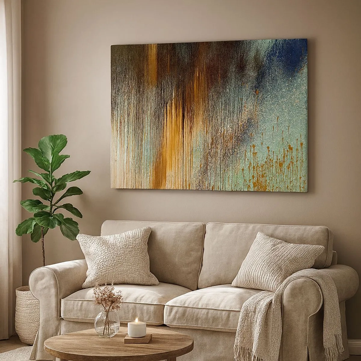 Canvastavla - Bild på duk - En abstrakt komposition av färger i nyanser av guld, brunt och blått. - 70x50cm - En oavsiktlig färgglad komposition - Modern väggdekoration för vardagsrum och sovrum ARTTOR
