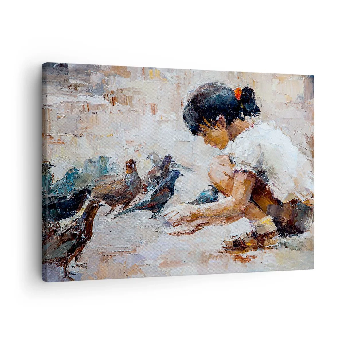Canvastavla - Bild på duk - En flicka som matar fåglar i målerisk stil - 70x50cm - Minst och gulligast - Modern väggdekoration för vardagsrum och sovrum ARTTOR