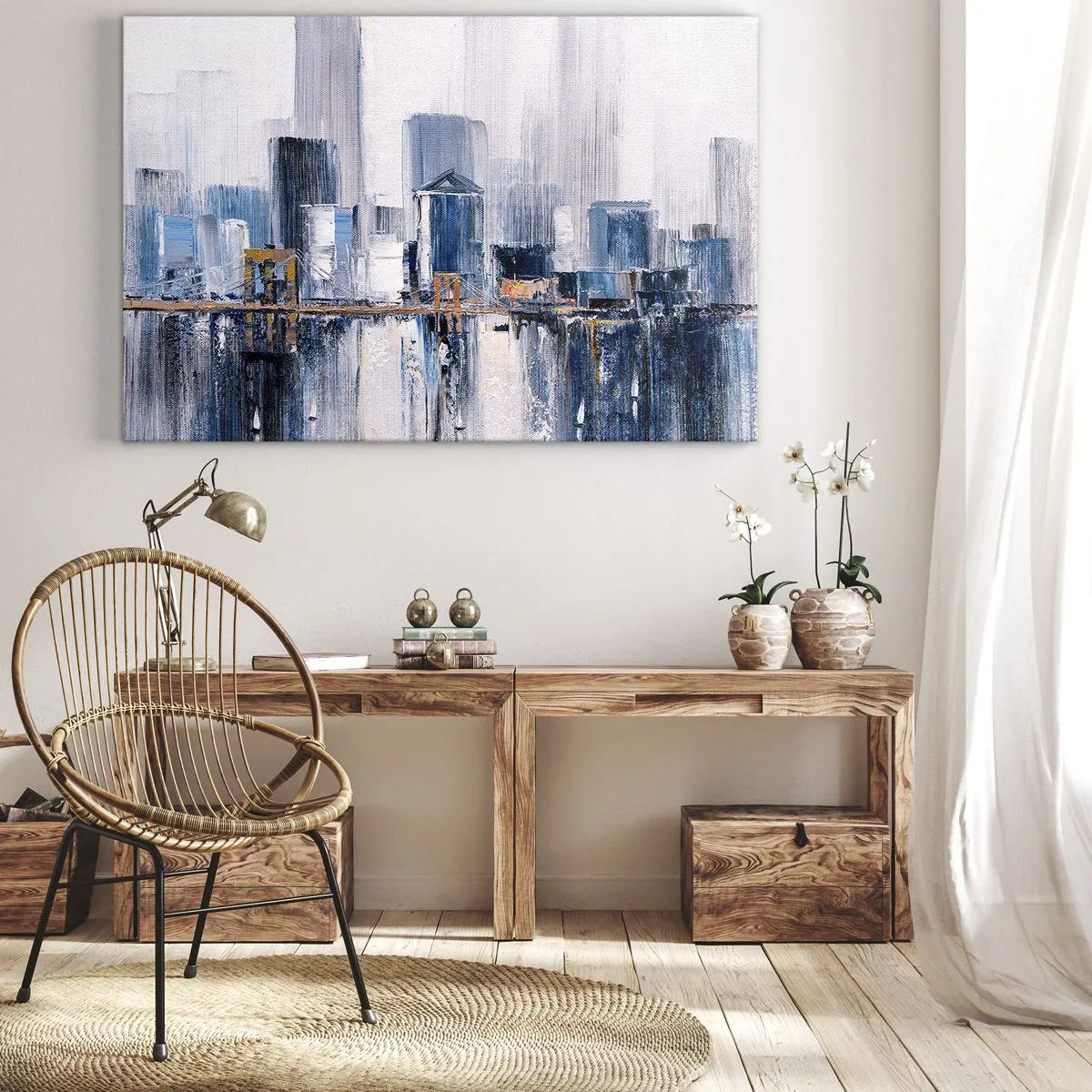Canvastavla - Bild på duk - Abstrakt stadspanorama med nyanser av blått och gult - 70x50cm - New York-impression - Modern väggdekoration för vardagsrum och sovrum ARTTOR
