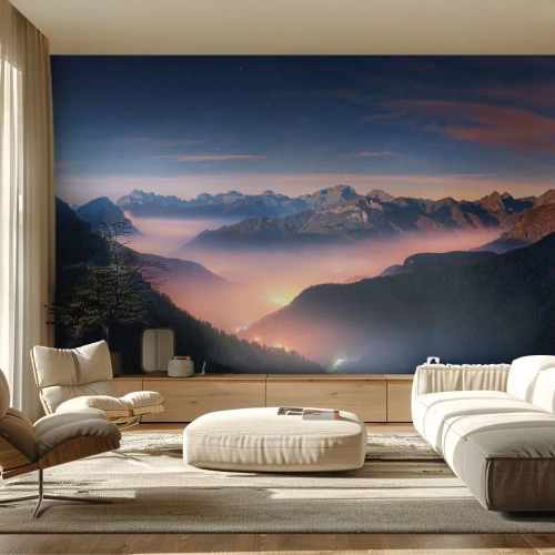 Fototapet Standard Eco - Ett bergslandskap i skymningen med dalar upplysta av ljus - 100x70cm - Ljus i dalarna - Modern väggdekoration för vardagsrum och sovrum ARTTOR