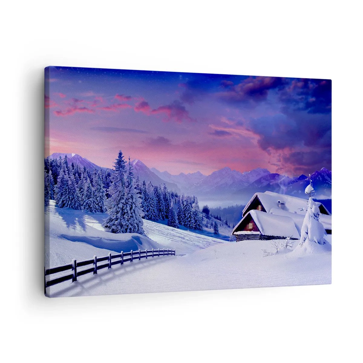 Canvastavla - Bild på duk - Vinterlandskap med bergsstugor vid solnedgången - 70x50cm - Silla natt - Modern väggdekoration för vardagsrum och sovrum ARTTOR