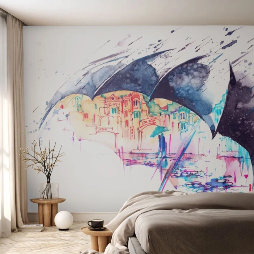 Fototapet Premium Canvas - Promenad i regnet - Abstraktion, Paraply, Arkitektur - 500x350 cm