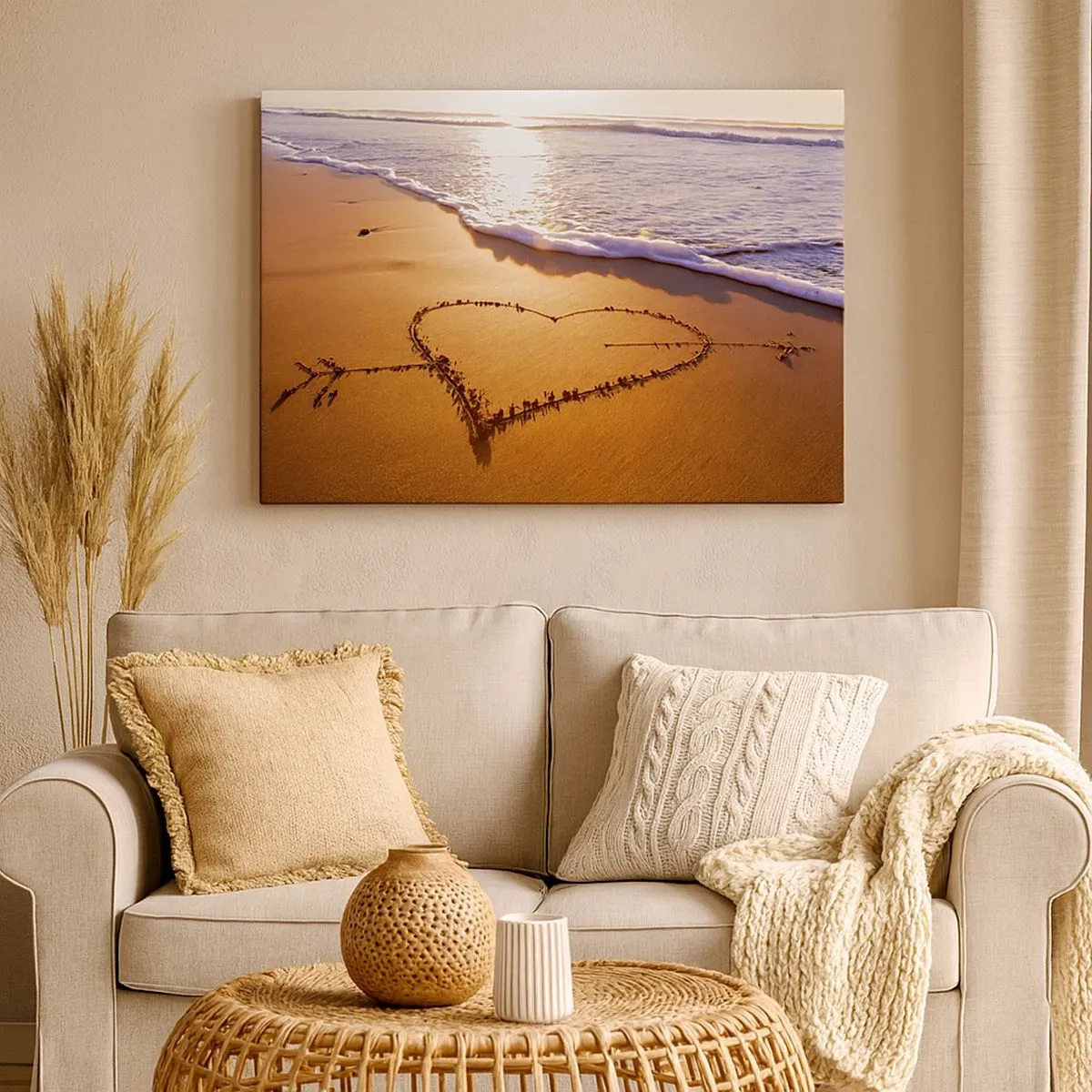 Canvastavla - Bild på duk - Ett hjärta gjort av sand på stranden under solnedgången - 70x50cm - Sommarbekännelse - Modern väggdekoration för vardagsrum och sovrum ARTTOR