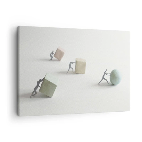 Canvastavla - Bild på duk - Miniatyrfigurer som trycker former mot en ljus bakgrund - 70x50cm - Livet leker - Modern väggdekoration för vardagsrum och sovrum ARTTOR