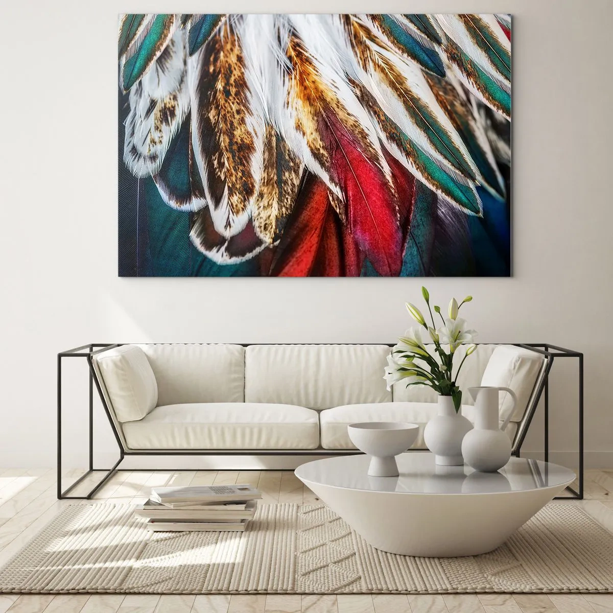 Glastavla - Bild på glas - Färgglada fjädrar i en rik färgpalett med en distinkt textur - 70x50cm - flyghemligheter - Modern väggdekoration för vardagsrum och sovrum ARTTOR