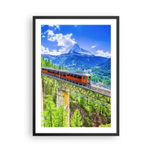 Affisch i svart ram - Ett tåg på en bro i Alperna med utsikt över Matterhorn - 50x70cm - Järnväg till Alperna - Modern väggdekoration för vardagsrum och sovrum ARTTOR