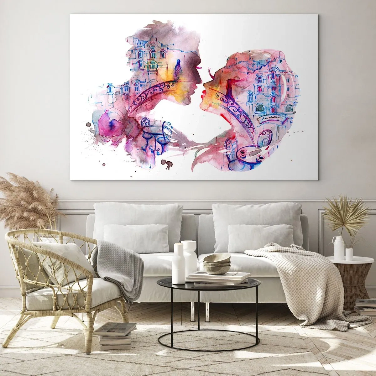 Glastavla - Bild på glas - Illustration av ett abstrakt porträtt av två personer i form av ett hjärta - 70x50cm - Suckarnas hemliga bro - Modern väggdekoration för vardagsrum och sovrum ARTTOR