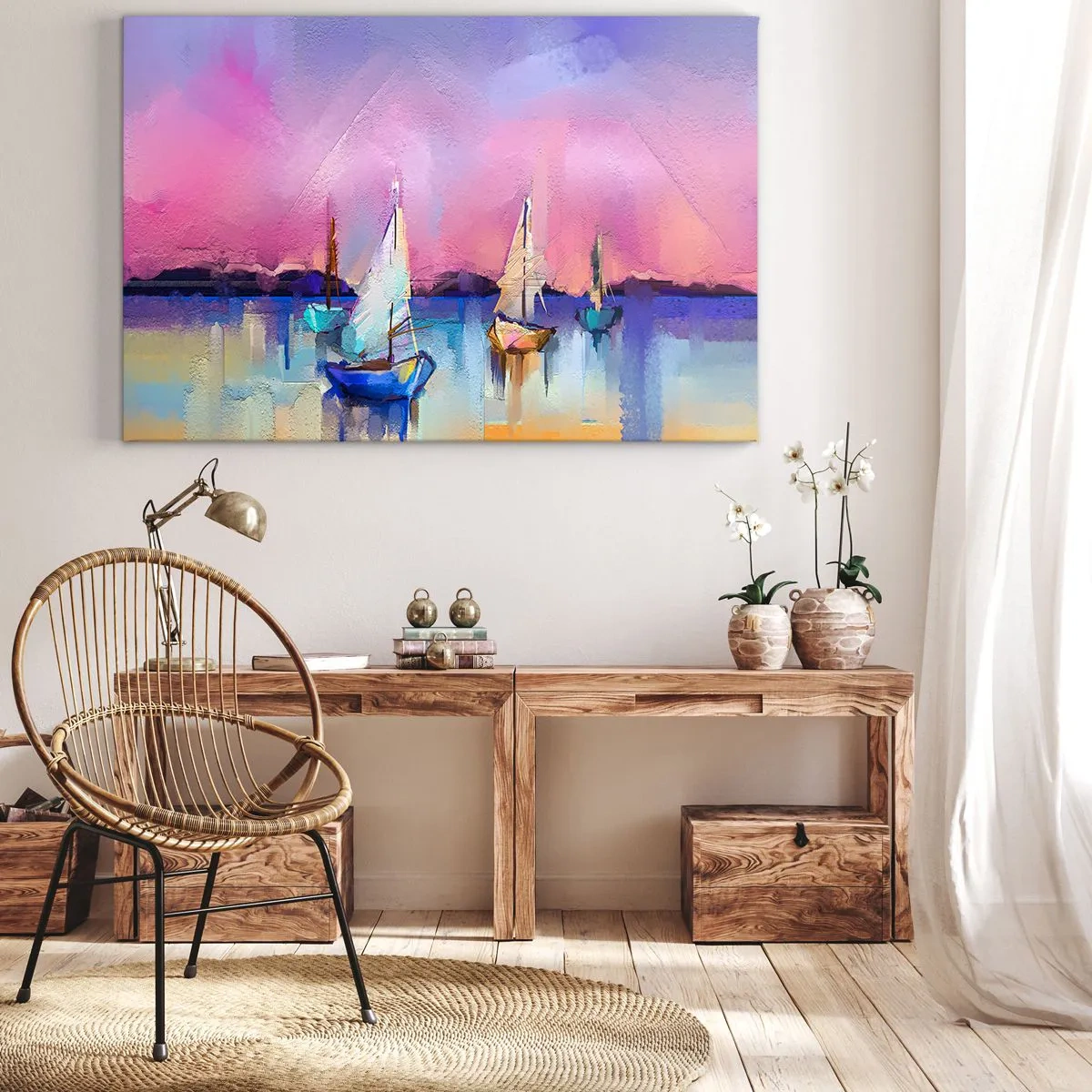 Canvastavla - Bild på duk - Segelbåtar på ett lugnt hav i solnedgångens pastellfärger - 70x50cm - Riktning: öppet vatten - Modern väggdekoration för vardagsrum och sovrum ARTTOR