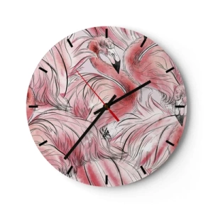 Väggklocka - Klocka på glas - Rosa flamingos i en dynamisk, konstnärlig komposition - 30x30cm - Fåglarnas corps de ballet - Modern väggdekoration för vardagsrum, kök och sovrum ARTTOR