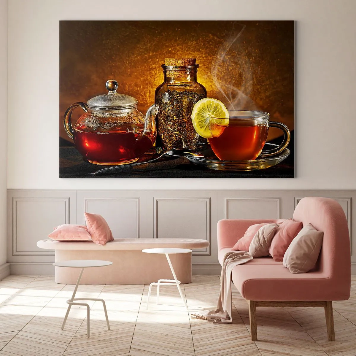 Glastavla - Bild på glas - En tekanna i glas och en kopp te med citron - 70x50cm - I holländska mästarnas stil - Modern väggdekoration för vardagsrum och sovrum ARTTOR
