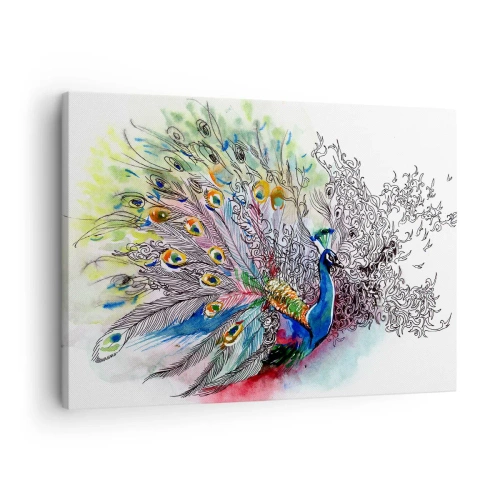 Canvastavla - Bild på duk - En påfågel i färgglad akvarellstil med abstrakta fjädrar - 70x50cm - Med stolthet mot det gråa - Modern väggdekoration för vardagsrum och sovrum ARTTOR
