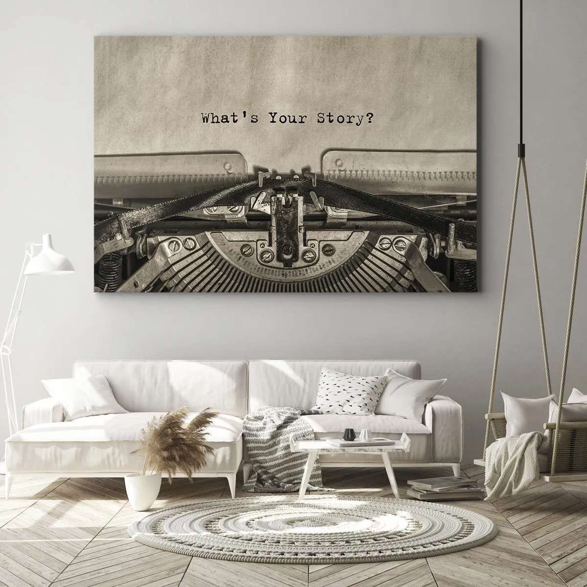 Canvastavla - Bild på duk - En skrivmaskin med orden Vad är din historia? - 70x50cm - Svara mig - Modern väggdekoration för vardagsrum och sovrum ARTTOR