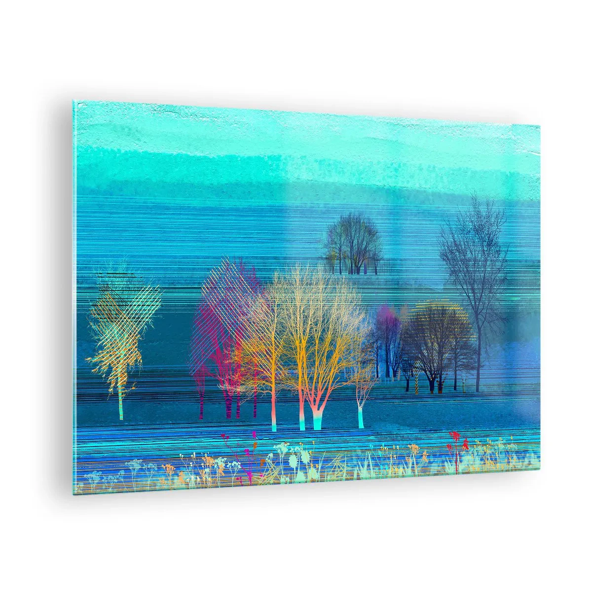 Glastavla - Bild på glas - Ett färgstarkt landskap med träd mot en bakgrund av blå toner - 70x50cm - Finkammat landskap - Modern väggdekoration för vardagsrum och sovrum ARTTOR