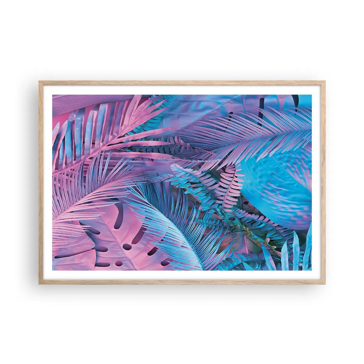 Affisch i ram av ljusek - Tropiken i rosa och blått - 100x70 cm