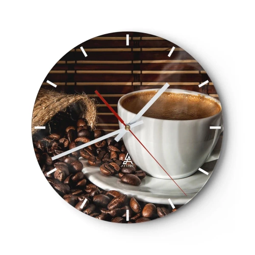 Väggklocka - Klocka på glas - En kopp kaffe och spridda bönor på en bambubakgrund - 30x30cm - Kolets svärta, bärnstenens transparens - Modern väggdekoration för vardagsrum, kök och sovrum ARTTOR