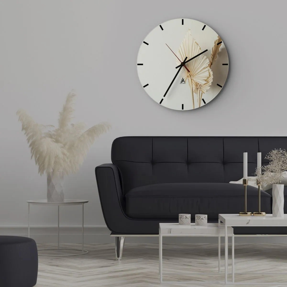 Väggklocka - Klocka på glas - Torkade palmblad på beige bakgrund i boho-stil - 30x30cm - När du behöver stillhet - Modern väggdekoration för vardagsrum, kök och sovrum ARTTOR