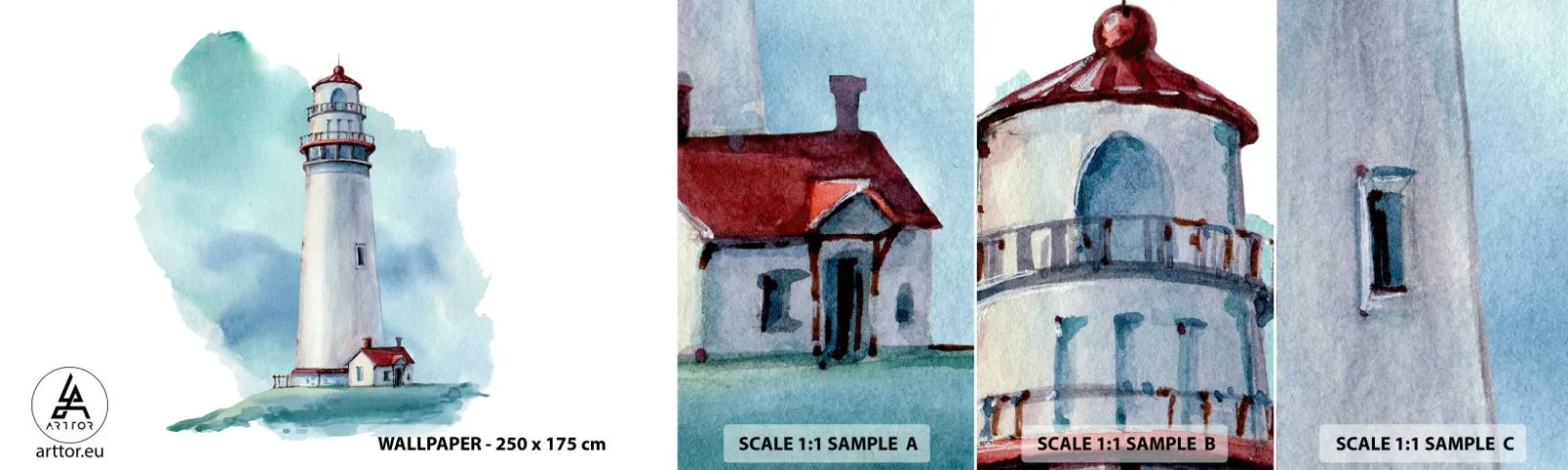 Fototapet Prov Standard Eco - Milda syster av det blåa - Fyr, Seaside, Teckning - 100x30 cm