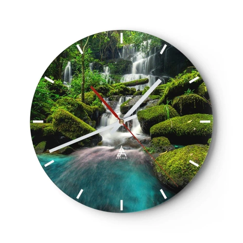 Väggklocka - Klocka på glas - Ett grönt vattenfall med en turkos sjö omgiven av mossa - 30x30cm - Turkos, safir och flytande silver - Modern väggdekoration för vardagsrum, kök och sovrum ARTTOR