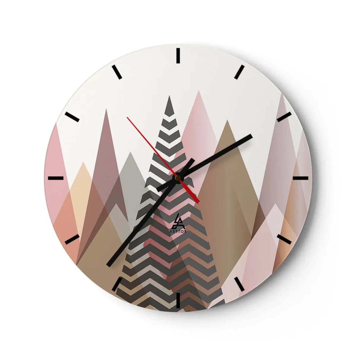 Väggklocka - Klocka på glas - Geometriska berg och träd i pastellfärger - 30x30cm - Utsikt över pyramider - Modern väggdekoration för vardagsrum, kök och sovrum ARTTOR