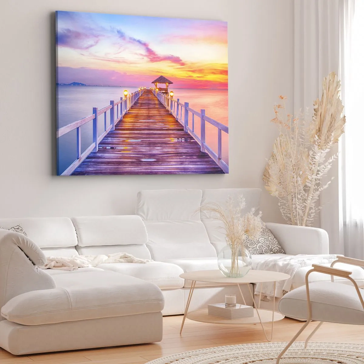 Canvastavla - Bild på duk - En pir över vattnet vid solnedgången i pastellfärger - 70x50cm - Kvällens lila-guld tystnad - Modern väggdekoration för vardagsrum och sovrum ARTTOR