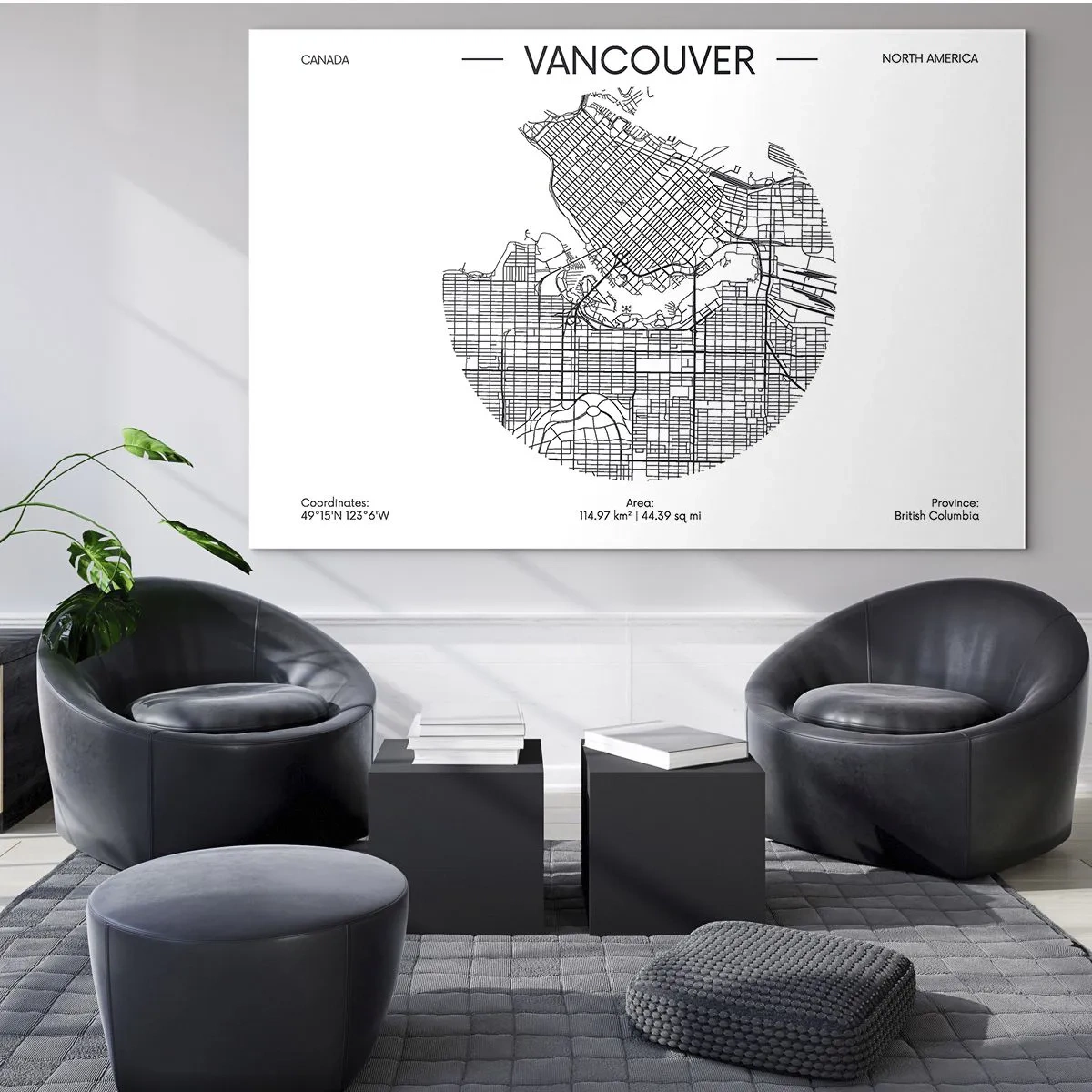 Glastavla - Bild på glas - Svartvit gatukarta över Vancouver - 70x50cm - Vacouvers anatomi - Modern väggdekoration för vardagsrum och sovrum ARTTOR