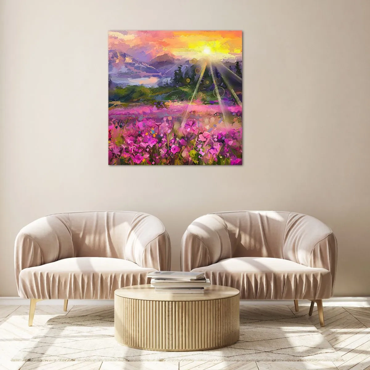 Glastavla - Bild på glas - I dalen under solens beskydd - 70x70 cm
