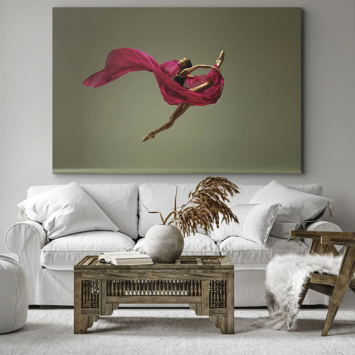 Canvastavla - Bild på duk - Balettdansös i en dynamisk pose med rosa tyg - 70x50cm - Dansande låga - Modern väggdekoration för vardagsrum och sovrum ARTTOR