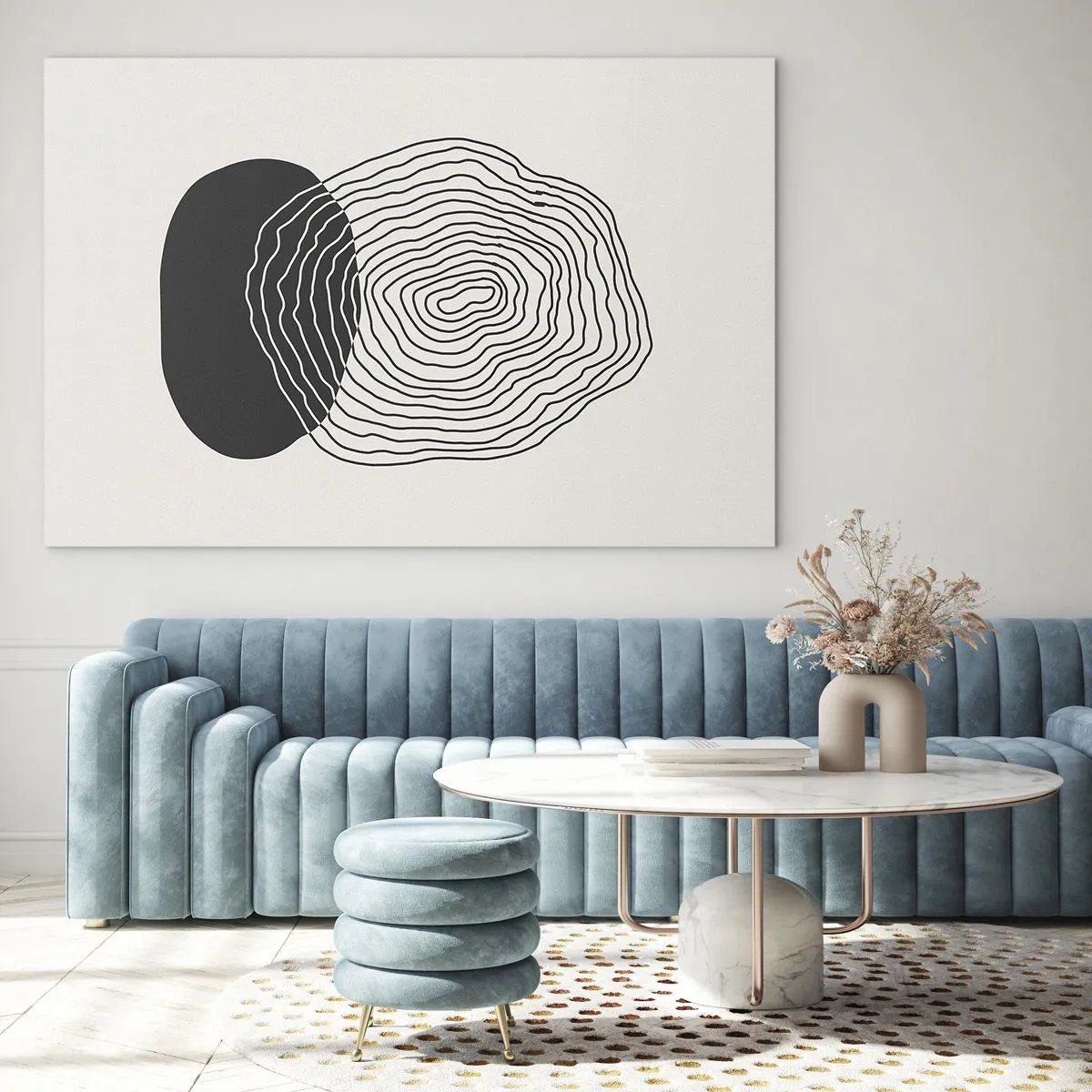 Glastavla - Bild på glas - Abstrakt mönster med svarta och vita ovaler och linjer - 70x50cm - Varaktighet och vibration - Modern väggdekoration för vardagsrum och sovrum ARTTOR