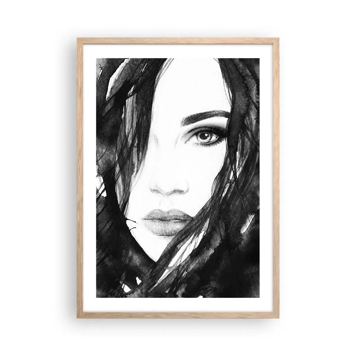 Affisch i ram av ljusek - En damportätt i svart och vit - 50x70 cm