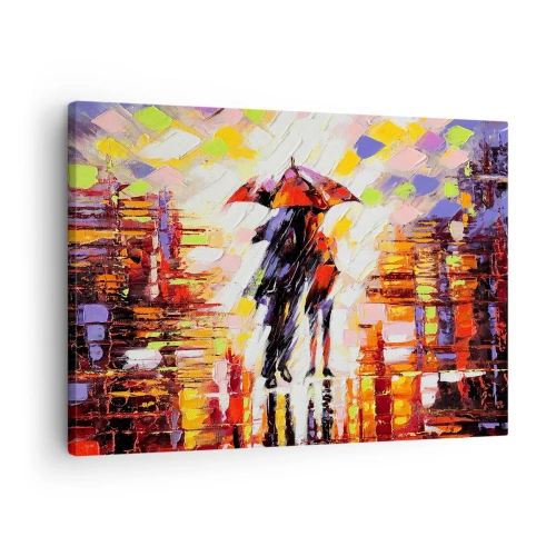 Canvastavla - Bild på duk - En abstrakt scen av en promenad under ett paraply en regnig natt. - 70x50cm - Tillsammans genom natten och regnet - Modern väggdekoration för vardagsrum och sovrum ARTTOR