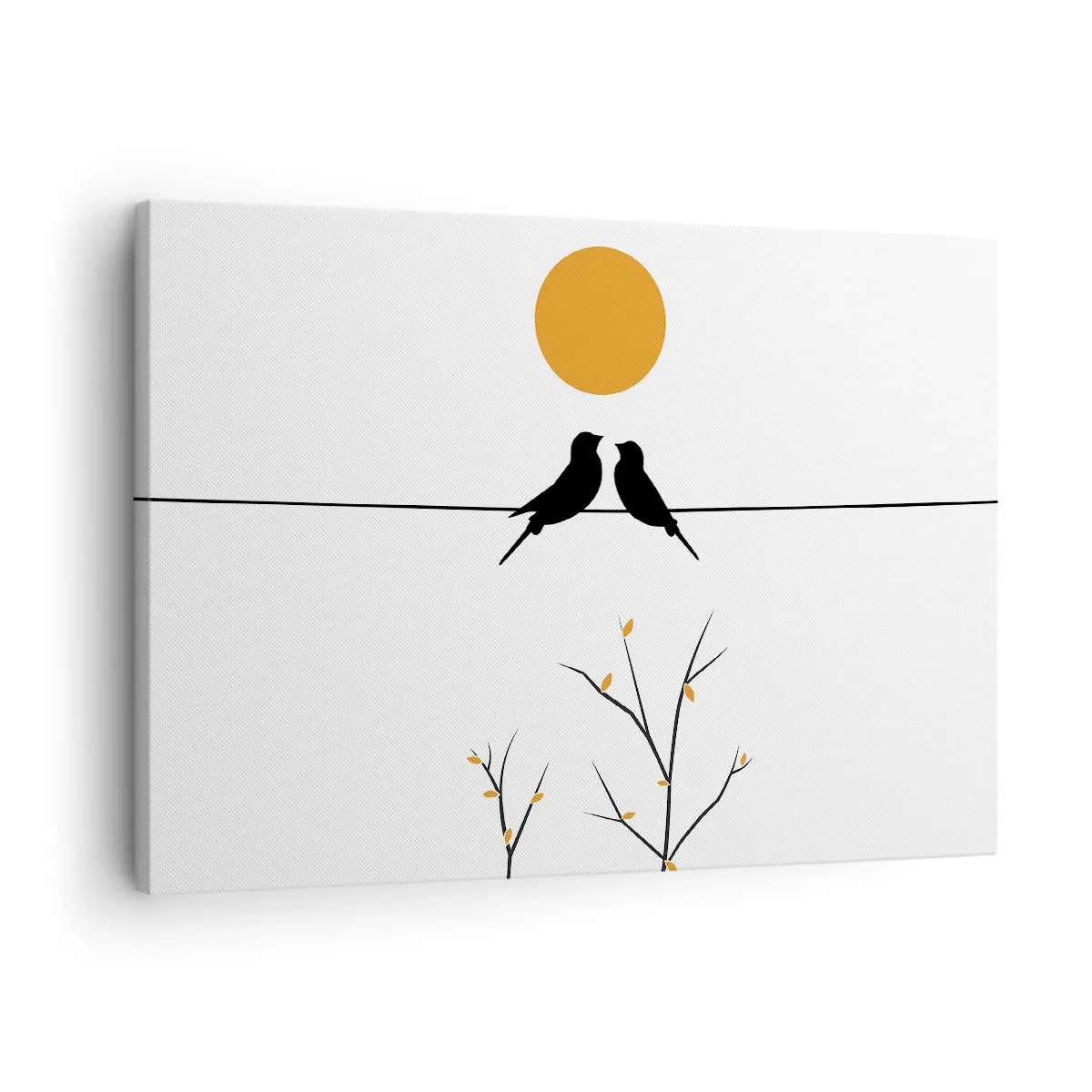 Canvastavla - Bild på duk - Fåglar på en linje med en gul sol - 70x50cm - Näktergalens kväll - Modern väggdekoration för vardagsrum och sovrum ARTTOR