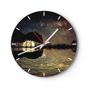 Väggklocka - Klocka på glas - Landskap med en sjö, träd och en stjärnklar himmel på natten - 30x30cm - En natt i världens ände - Modern väggdekoration för vardagsrum, kök och sovrum ARTTOR