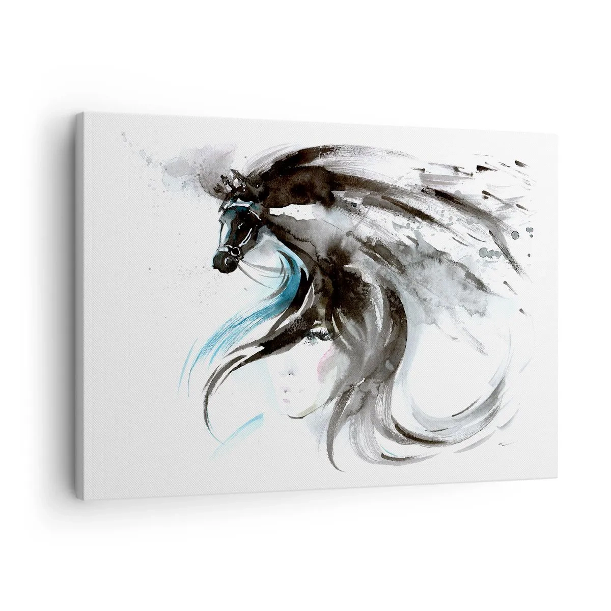 Canvastavla - Bild på duk - En kvinna och en häst i en mystisk akvarell full av dynamik - 70x50cm - Svarta prinsens galopp - Modern väggdekoration för vardagsrum och sovrum ARTTOR