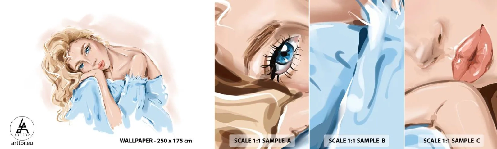 Fototapet Prov Standard Eco - Drömmande i blått - Kvinna, Mode, Grafik - 100x30 cm