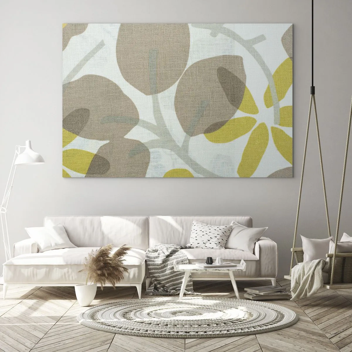Glastavla - Bild på glas - Stiliserade blad och blommor i pastellfärger av beige och gult - 70x50cm - Komposition i solskenet - Modern väggdekoration för vardagsrum och sovrum ARTTOR