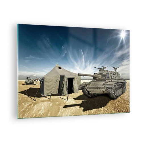 Glastavla - Bild på glas - En stridsvagn och ett tält i en ökenbakgrund under en blå himmel - 70x50cm - Militär dröm - Modern väggdekoration för vardagsrum och sovrum ARTTOR